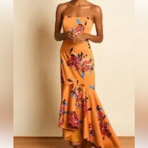 Hutch Strapless Floral High-Low Maxi Dress in Mustard with Blue Accents
